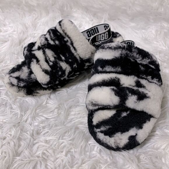 UGG shearling sandals black/white elastic straps women sz 6-see meas - Picture 12 of 12